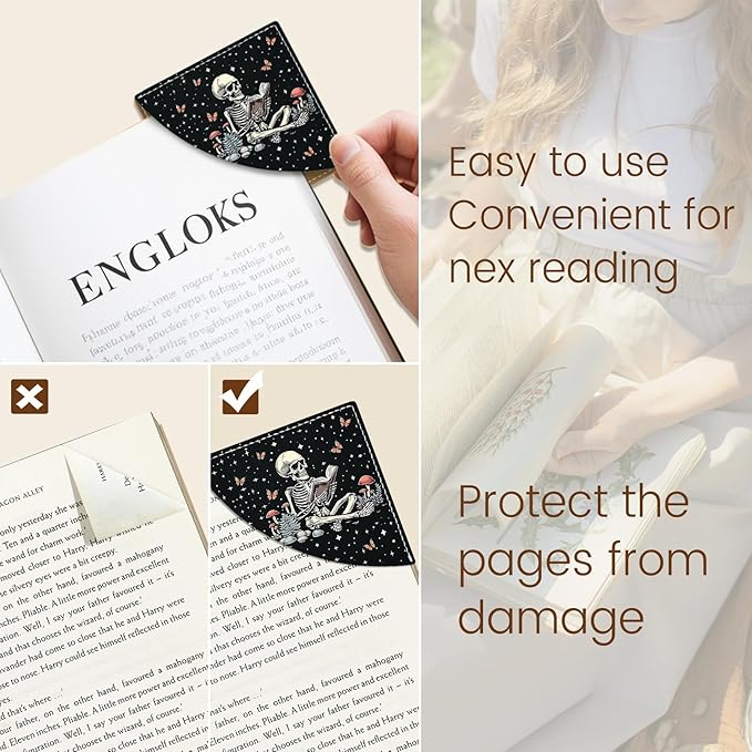 Skeleton Book Corner Bookmarks, Funny Leather Book Accessories for Book Lovers, 3 Pcs Reading Book Page Markers for Women Men Student Teacher Retirement Birthday Gifts