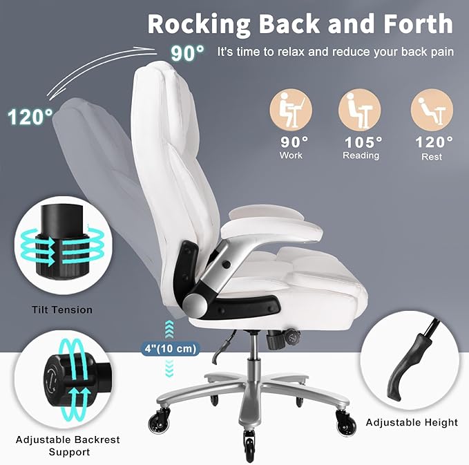 Big and Tall Office Chair 600lbs, Ergonomic Heavy Duty Executive Office Chair, High Back Office Leather Chair with Adjustable Armrests and Lumbar Support, White Big Tall Chair for Heavy People-DeskLoop Office