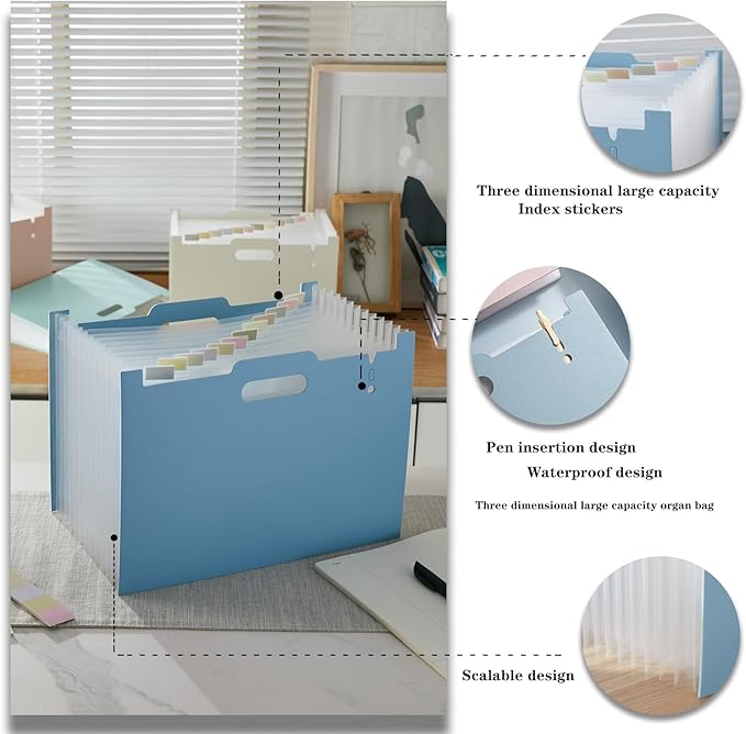 2-Piece Accordion Folder Manager, 12 Grid Expansion Pages, Portable Monthly Bill and Receipt Manager That Opens Upright, Colored Labels, School, Home, and Office letterhead/A4 Size, Sky Blue-DeskLoop Office