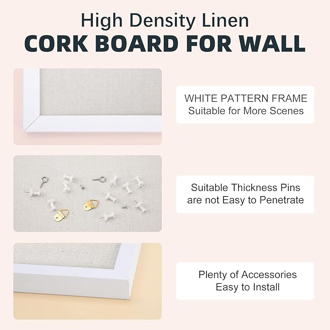 OWLKELA 13.3"x17.7" inch Bulletin Board with Linen, White Wood Style Frame, with 10 Pushpins, Linen Cork Board, Ideal for School, Home & Office-DeskLoop Office
