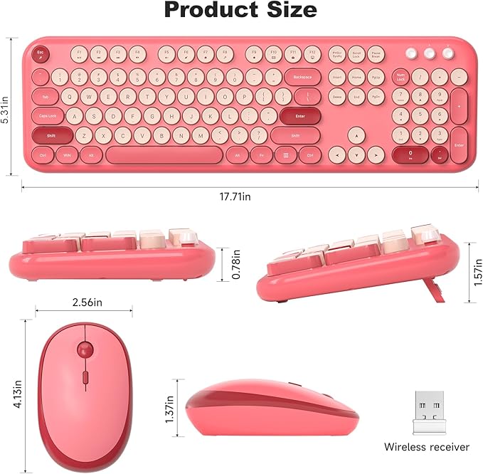 MOFII Wireless Keyboard and Mouse Combo, Cute Keyboard Full Size and Wireless Mouse, 2.4GHz Retro Typewriter Keyboard Wireless Mouse Set for PC/Desktop/Laptop/Windows (Hot Pink)-DeskLoop Office