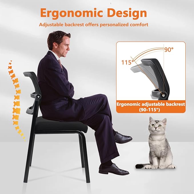 CLATINA Stacking Armless Office Waiting Room Chair with Adjustable Backrest, Stackable Mesh Guest Reception Desk Chairs with Ergonomic Lumbar Support for Conference Lobby Side School, Black, 2 Pack-DeskLoop Office