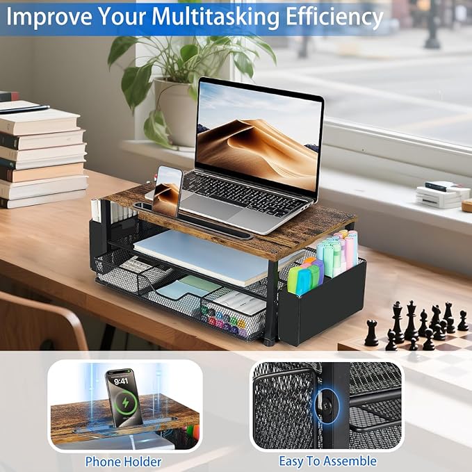 Wood Desk Organizers and Accessories, 2-Tier Computer Monitor Stand Riser with Drawer, Pen Storage & Phone Holder, Office Desk Accessories, Workspace Desktop Organization for Office Supplies(Brown)