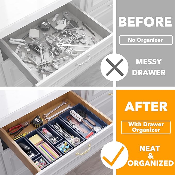 SpaceAid 7-Piece Bamboo Drawer Organizer Storage Boxes Set, Wood Tray Junk Drawer Organizers Multi-Use Divider Bins for Kitchen, Bathroom, Office Desk and Makeup Organization (7 Pack, Navy Blue)-DeskLoop Office