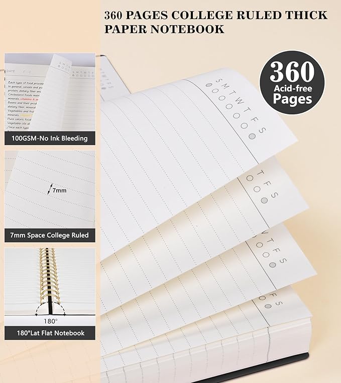 Spiral Notebook Journal, 360 Pages College Ruled Notebooks, Lined Thick Journals for Women Men, A5 Thick Spiral Writing Journaling with 100GSM Paper, Spiral Notebooks for Work School 5.5"x8.5" Black
