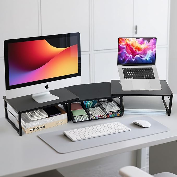 Dual Monitor Stand Riser, Desk Organizer with Drawer, Office Desk Organizers and Accessories, Office Workspace Organization, Computer Monitor Stand for Laptop, Printer (Black)-DeskLoop Office