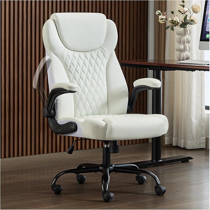 Office Chair, Executive Leather Chair Home Office Desk Chairs, Ergonomic Computer Desk Chair with Adjustable Flip-Up Arms, Lumbar Support Swivel Task Chair with Rocking Function (White)-DeskLoop Office