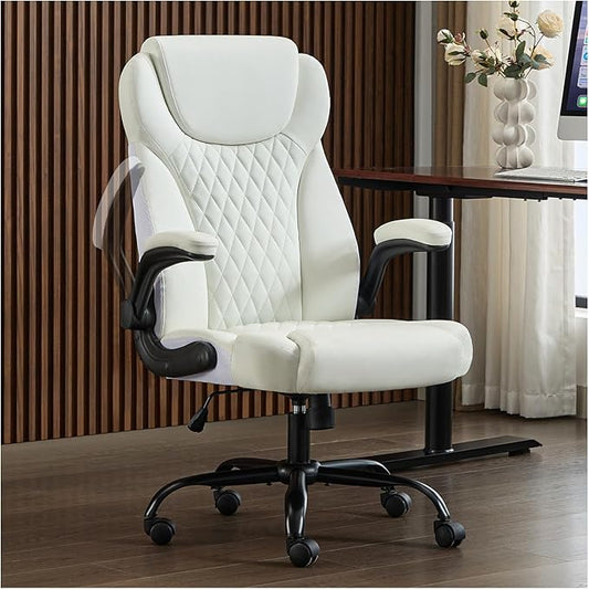 Office Chair, Executive Leather Chair Home Office Desk Chairs, Ergonomic Computer Desk Chair with Adjustable Flip-Up Arms, Lumbar Support Swivel Task Chair with Rocking Function (White)-DeskLoop Office