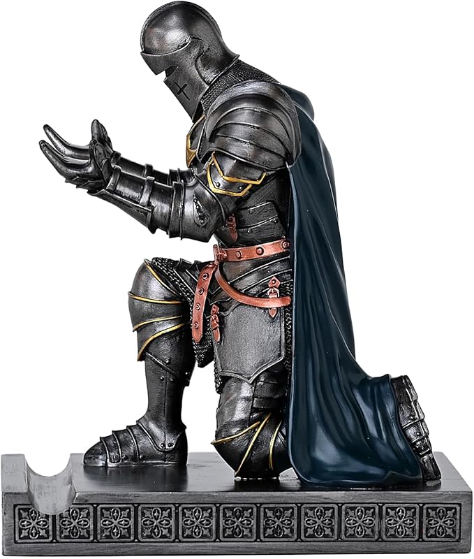 Medieval Armored Warrior Wearing Outerwear, Mobile Phone Stand Knight Pen Holder Desk Organizers, Resin Bookends Paperweight with a Letter Opener for Desk (Iron&Green)-DeskLoop Office