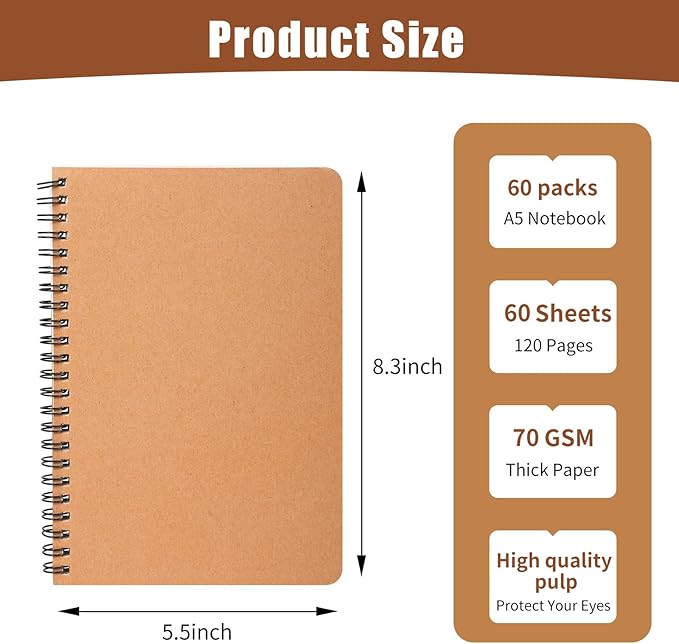 miikoul 60 Packs A5 Spiral Lined Notebooks, Kraft Paper Cover, 8.3"×5.5", 60 Sheets/120 Pages, Ruled Notebooks Bulk, Hardcover Journal Notepad Travel Notebooks for Office and Back to School Supplies-DeskLoop Office