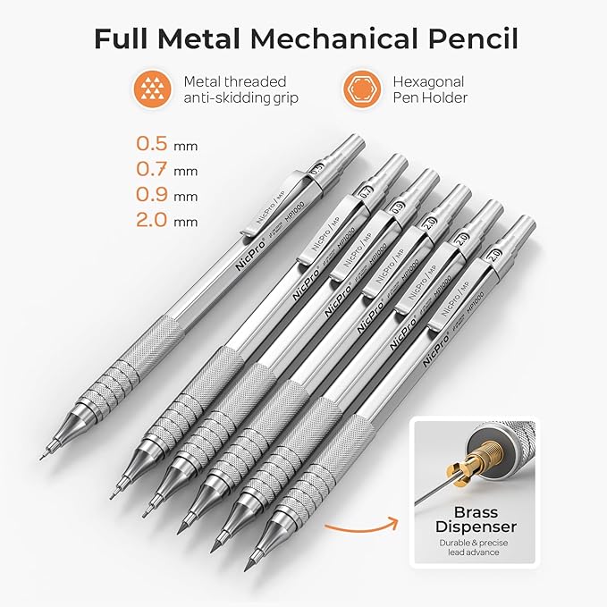 Nicpro 33PCS Metal Mechanical Pencil Set in Leather Case, Art Drafting Pencil 0.3, 0.5, 0.7, 0.9 mm, 2mm Lead Pencil Holders for Sketching Drawing With 18 Tube (6B 4B 2B HB 2H 4H Colors) Lead Refills-DeskLoop Office