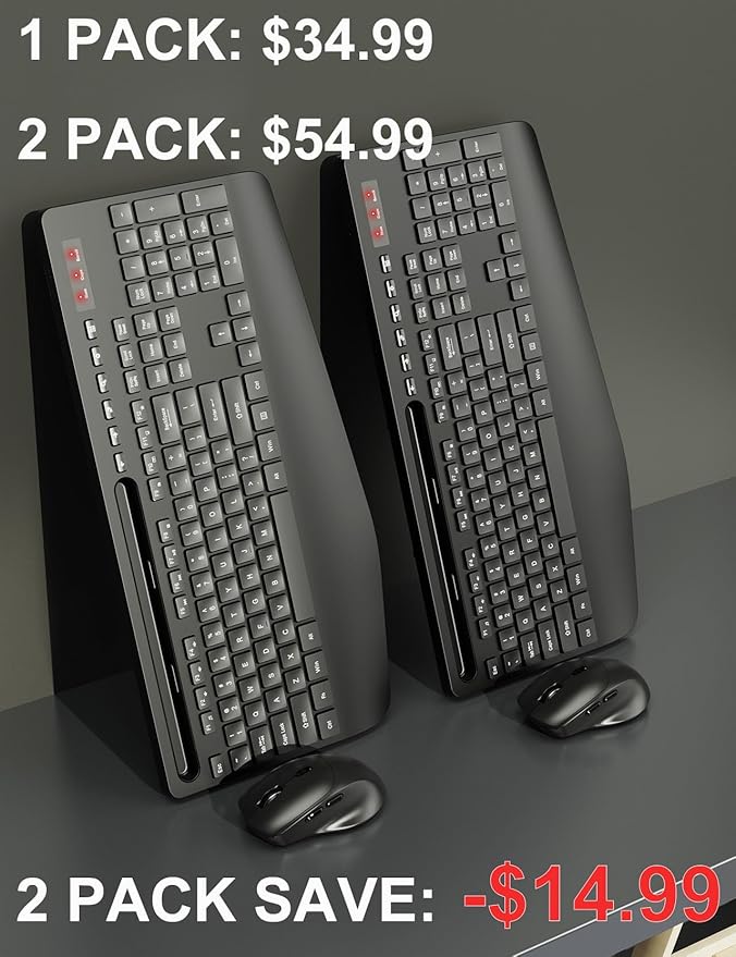 Wireless Keyboard and Mouse Combo 2 Pack - Full-Sized Ergonomic Keyboard with Wrist Rest, Phone Holder, Sleep Mode, Silent 2.4GHz Cordless Keyboard Mouse Combo for Computer, Laptop, PC, Mac, Windows-DeskLoop Office