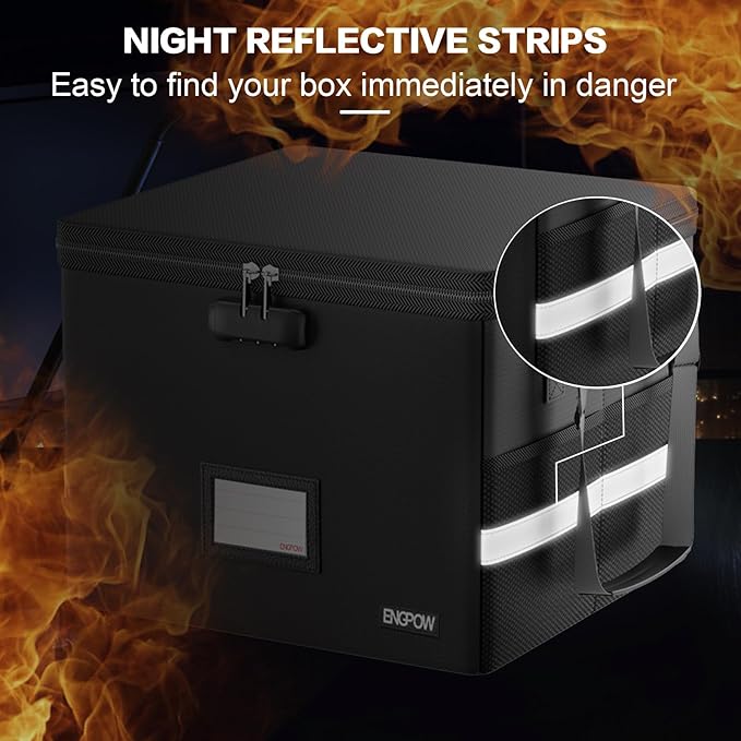 ENGPOW 5200°F Fireproof Document Box with Lock, Heat Insulated Collapsible File Storage Organizer with Handle, Portable Home Office File Cabinet for Hanging Letter/Legal Size Folder, Black-DeskLoop Office