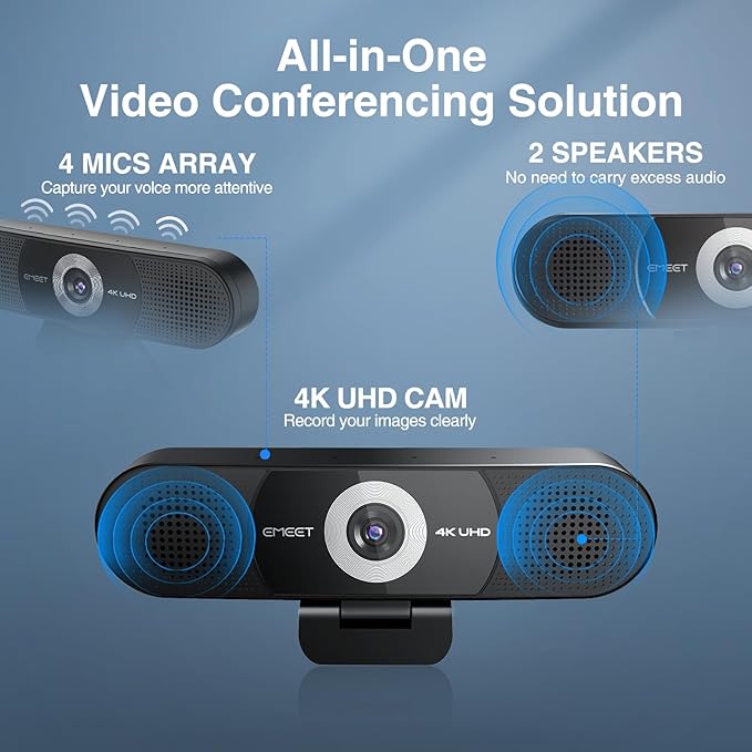 EMEET 3-in-1 4K Webcam with Microphone and Speaker, C980 PRO 60°-98° Wide Angle Webcam w/ 4 Noise Cancel Mics, 2 Speakers, Fixed Focus, Magnetic Privacy Cover, Great for Group and Personal Video Calls-DeskLoop Office