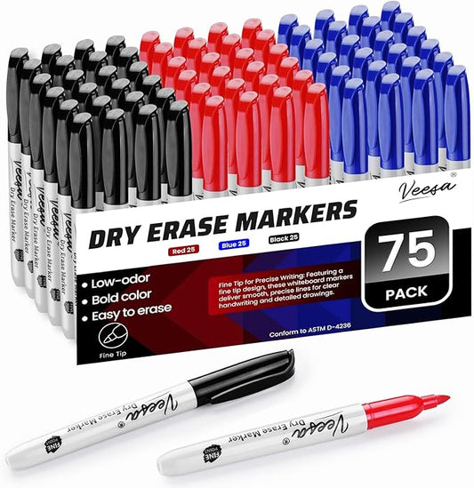 VEESA Dry Erase Markers Bulk, Fine Tip, 3 Assorted Colors, 75 Pack Low-Odor Whiteboard Marker Pens for Office Home, Back to School Supplies-DeskLoop Office