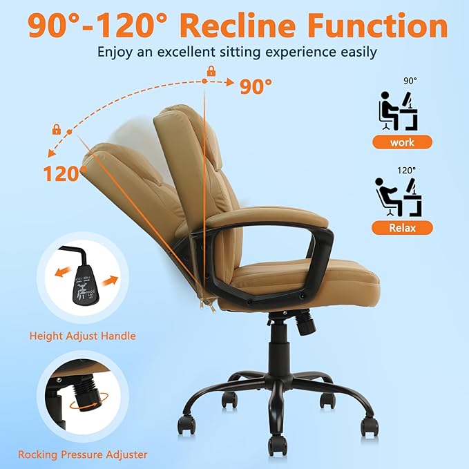 CLATINA Brown Office Computer Chair PU Leather Executive Swivel Adjustable Height Chairs with Upholstery Fixed armrest Mid-Back Leather Thick Cushion Office Chair Brown 8Pack-DeskLoop Office