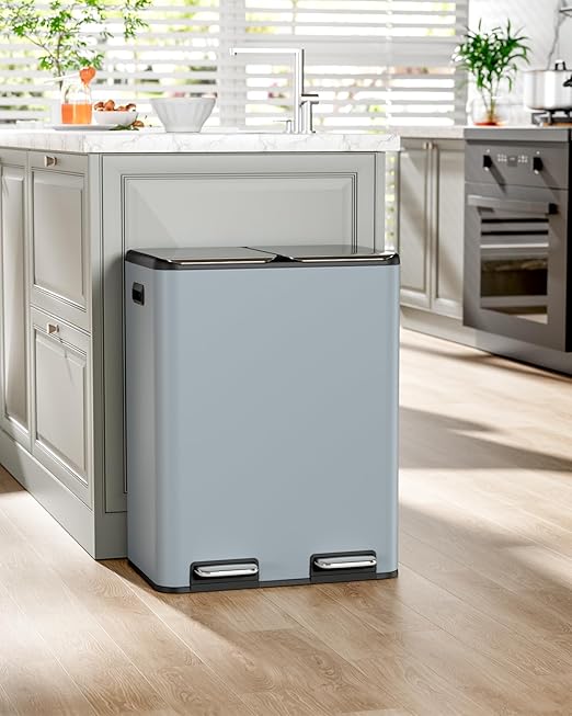 16 Gal (2 x 30 L) Dual Trash Can, Stainless Steel Kitchen Garbage Bin, Recycle Dustbin with Odor Control Box, Soft-Close Lid, Inner Buckets, Side Handle, Step Pedal, for Home Office-DeskLoop Office