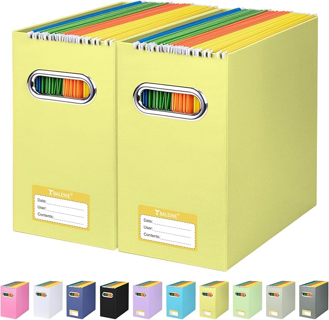 BALEINE File Organizer Box, Cardboard File Folder Organizer with Handle for Letter Size, Portable Collapsible Hanging Filing Box for Home Office Document Storage (2 Pack, Yellow)-DeskLoop Office