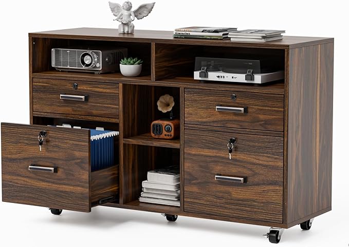 VINGLI Dark Brown Wood Lateral File Cabinet with Lock, 4 Drawer & 4 Open Shelves, Rolling File Cabinet for Home Office, Letter Sized-DeskLoop Office