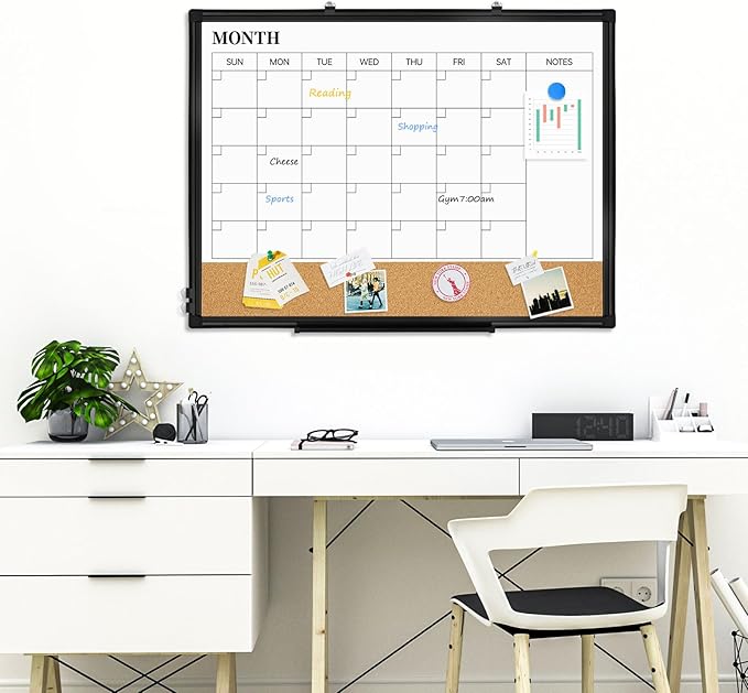 Large Dry Erase Calendar for Wall, 36"x24" Double-Sided Magnetic Whiteboard Calendar with Cork Board, Black Aluminum Frame Monthly White Board Memo Message Board for Office, Home, School-DeskLoop Office