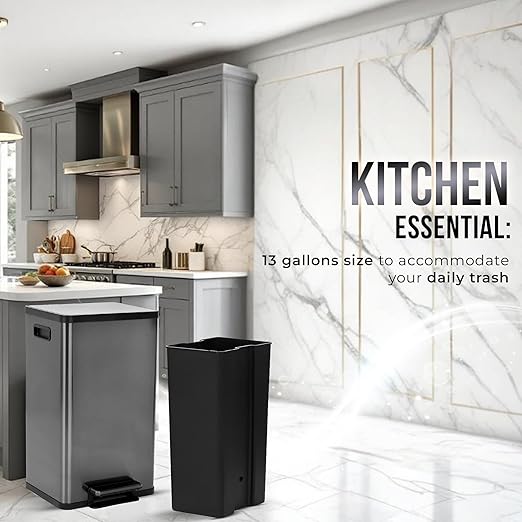 Simpli-Magic 13.2 Gallon (50L) Step Trash Can – Kitchen Garbage Can with Slow-Close Lid – Odor Control, Hands-Free, Easy to Clean, Brushed Stainless Steel-DeskLoop Office