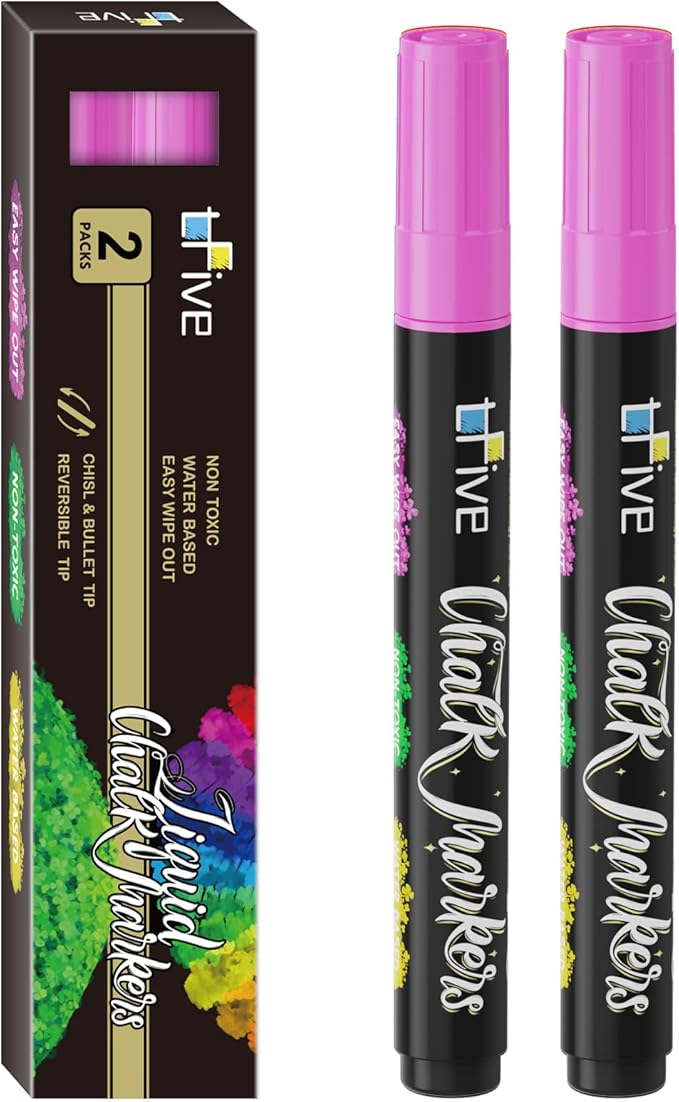 TFIVE Pink Liquid Chalk Markers - 2 Pack Bright Colors Erasable Chalk Marker Pens, Reversible Tip, Non-Toxic, for Chalkboards, Signs, Glass, Easy to use Chalk markers TF800-DeskLoop Office
