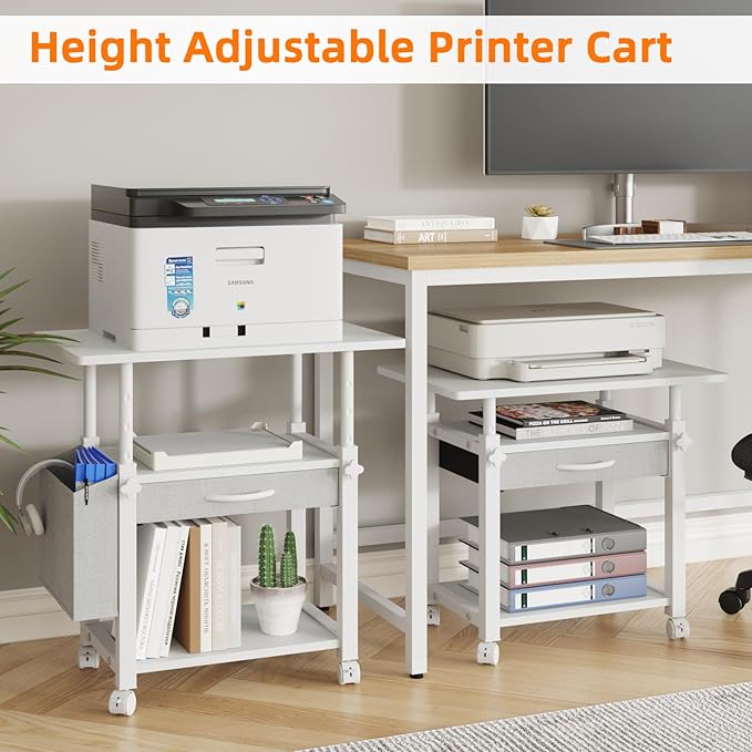 Large 22"x15" Printer Stand, 3-Tier Height Adjustable with Storage Drawer & Side Bag, Rolling Cart for Heat Press/Laser/3D Printer (White)-DeskLoop Office