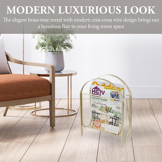 MyGift Mid-Century Design Magazine Rack, Matte Black Tone Metal Mesh Freestanding Magazine Organizer Holder Sling (Brass)-DeskLoop Office