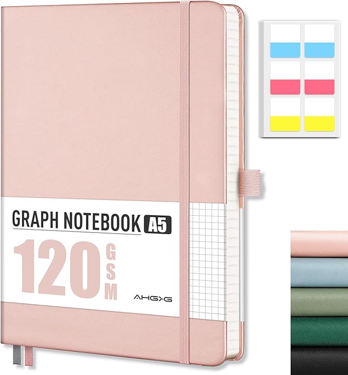 AHGXG Graph Paper Notebook - Grid Notebook Journal A5, 120 GSM Thick Graph Paper, 160 Pages, Leather Hardcover, for Graphing, Writing, Math, Engineering, 5.75'' × 8.38''- Rose Gold-DeskLoop Office