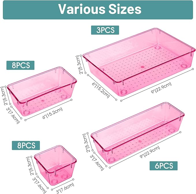 WOWBOX 25 PCS Plastic Drawer Organizer Set, 4 Sizes Desk Drawer Divider Organizers and Storage Bins for Makeup, Jewelry, Gadgets for Kitchen, Bedroom, Bathroom, Office, Clear Pink-DeskLoop Office