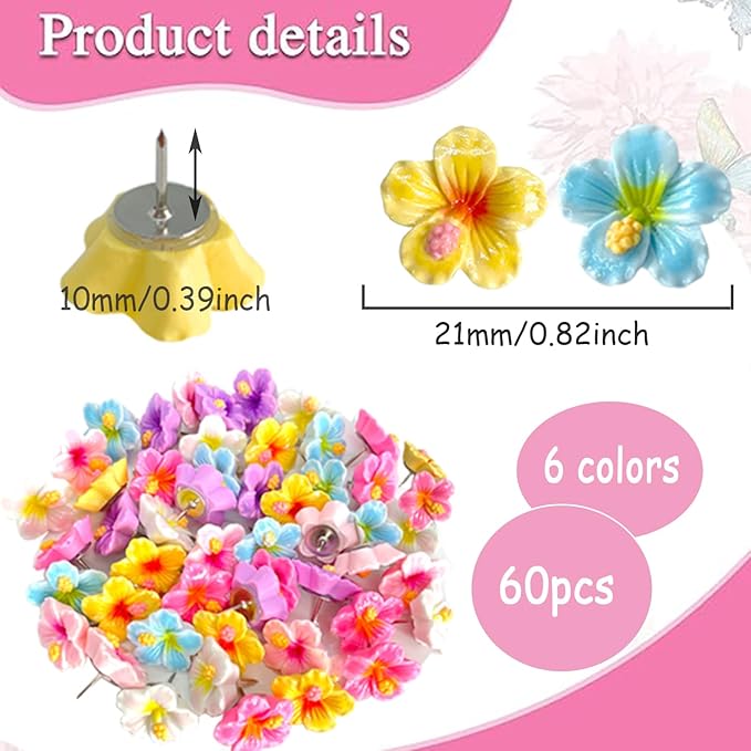 60 pcs Flower Push Pins Cute Decorative Flower Thumbtacks Color Pushpins for Bulletin Cork Board Photo Wall Display Map Home Office Organization-DeskLoop Office