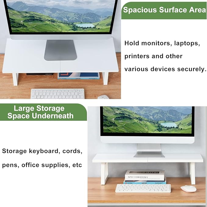 TEAMIX 24 inch Monitor Stand Riser, White Wood & Steel Computer Monitor Stand with Storage, Laptop, PC, Printer Stand Riser for Desktop Office Desk Organizers-DeskLoop Office