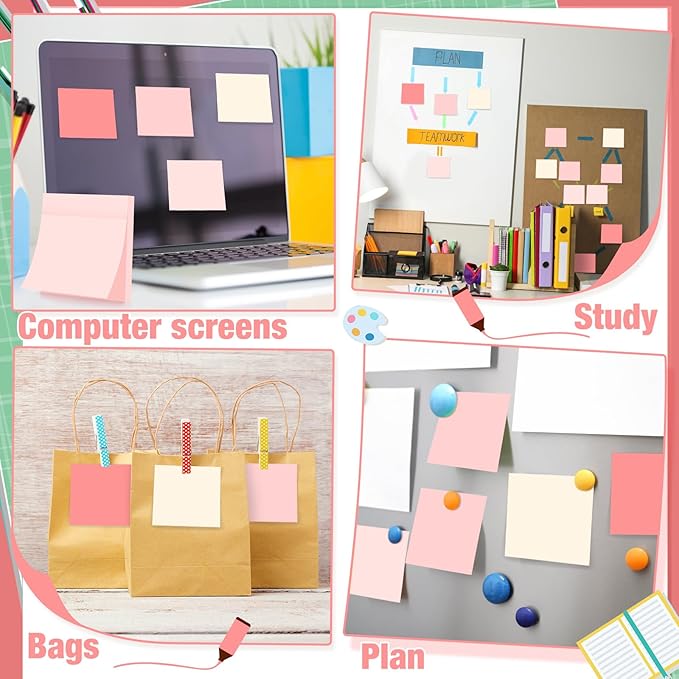 Fainne 60 Pack Sticky Notes Bulk Back to School Supplies Self Stick Note Pads Paper Memo for Office First Day of School Student Teacher Essentials (3x3 Inch,Pink)-DeskLoop Office