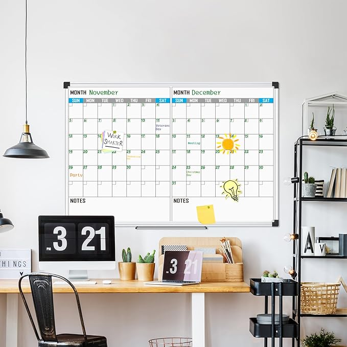XBoard Magnetic Calendar Whiteboard 48" x 36" - 2 Month Dry Erase Board, White Board + Colorful Calendar Board, Silver Aluminium Framed Monthly Planning Board-DeskLoop Office