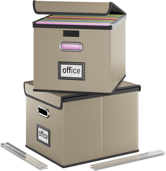 Huolewa File Organizer Boxes with Lids, Collapsible Faux Leather Hanging File Folder Box Organizer with Plastic Slide, Decorative Home/Office Filing System Boxes for File and Folders Storage-DeskLoop Office