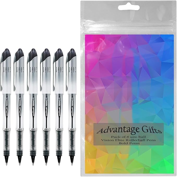 Vision Elite Rollerball Pens, Bold Point (0.8mm), Black Ink, 6 count, Bundle with Plastic Reusable Pouch