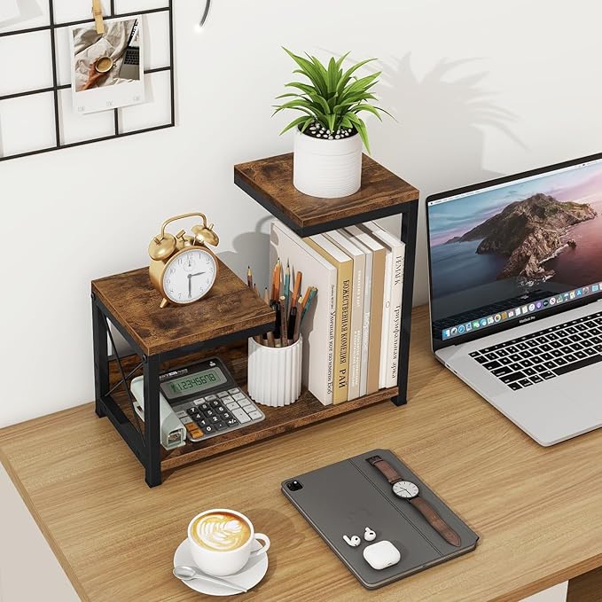 ELITEROO Desktop Shelf Organizer, 3 Tier Office Shelves, Wood Desk Organizers Storage Rack and Freestanding Display Shelf for Office, Dormitory, Home, Rustic Brown-DeskLoop Office