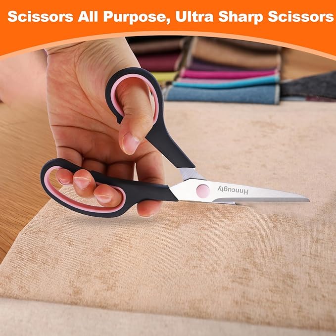 Scissors for Office School Supplies, Hnncugty 8" Scissors All Purpose Bulk Set of 6-Pack, Sharp Shears for Home Craft Sewing Fabric Middle School Student Teacher Supplies, Comfort Right/Left Handed-DeskLoop Office