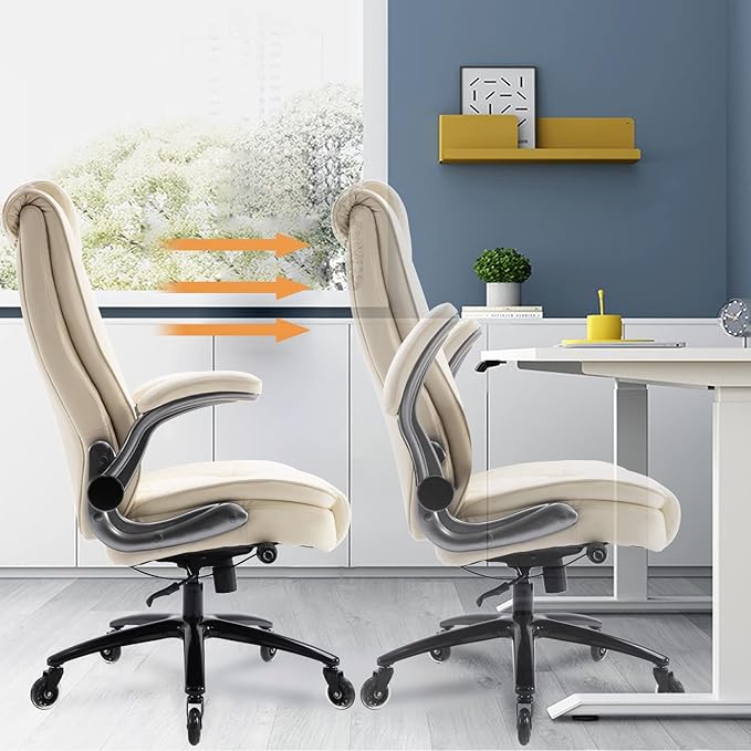 EZAKI High Back Office Chair-Flip-up Arms Executive Computer Desk Chair, Built-in Lumbar Support Thick Padded Adjustable Rock Tension Ergonomic Design for Back Pain (Beige)-DeskLoop Office