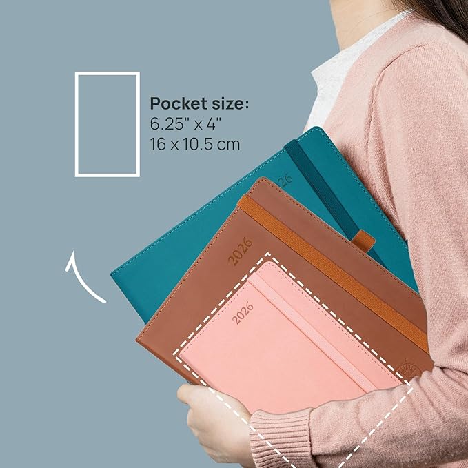 POPRUN Pocket Calendar 2026 (Small Size- 4'' x 6.25") Weekly and Monthly for Purse - Planner 2026 (Jan. 2026 - Dec. 2026) with Vegan Leather Soft Cover, Plastic Ruler, Pen Holder and More - Brown-DeskLoop Office