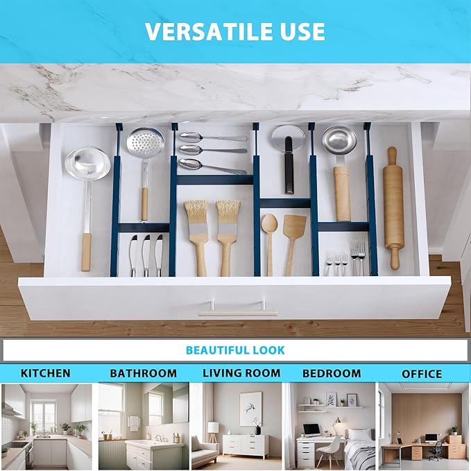 6 Pack Bamboo Drawer Dividers with 12 Inserts, Expandable Adjustable Clothes Drawer Organizers and Storage from 17" to 22" for Kitchen, Bedroom, Dresser, Cosmetics (Navy Blue)-DeskLoop Office