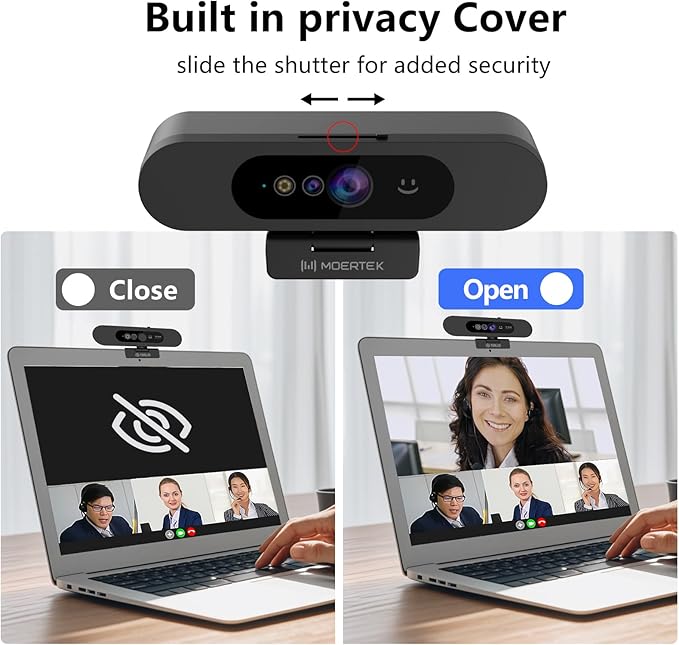 Window Hello Webcam, 1080P 30fps Camera with Noise-reducing Mic, Plug & Play, 90° Wide Angle, Built-in Privacy Cover, 360° Rotation Pan & 90° Tilt, Perfect for Zoom, Google Meet, Microsoft Teams-DeskLoop Office