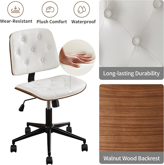 Small Home Office Chair – Adjustable Height, Armless PU Leather Mid-Back Desk Chair with Swivel Wheels, Walnut Finish, Perfect for Study or Bedroom, White-DeskLoop Office