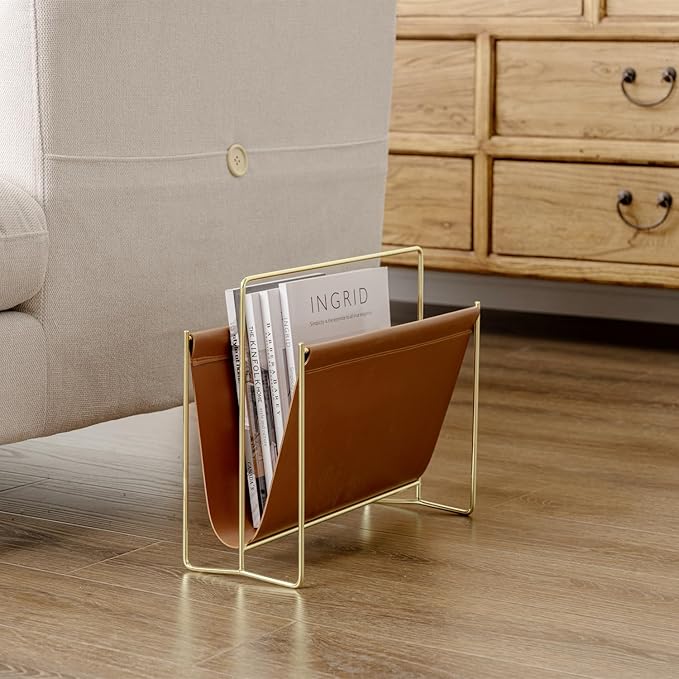 MyGift 15-Inch Modern Brown Leatherette & Brass Plated Metal Magazine Holder – Floor Standing Faux Leather Sling Style Newspaper Rack for Home, Bathroom, Office Decor-DeskLoop Office