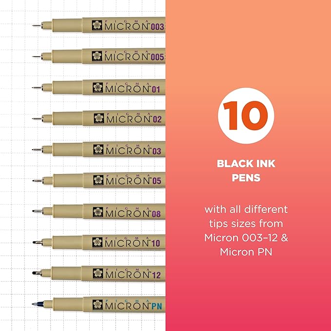 SAKURA Pigma Micron Fineliner Pens - Archival Black Ink Pens - for Writing, Drawing, or Journaling - Assorted Point Sizes - 10 Pack-DeskLoop Office