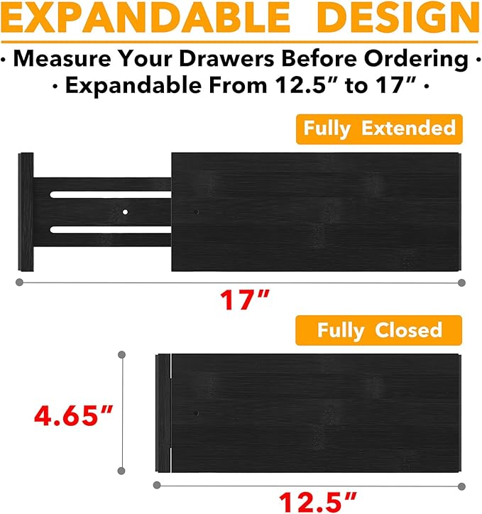 SpaceAid Bamboo Dresser Drawer Dividers 6 Pack, 4.65“ High Adjustable 12.5“-17” Drawer Organizers, Expandable Organization for Clothing, Clothes, Dressers, Black-DeskLoop Office