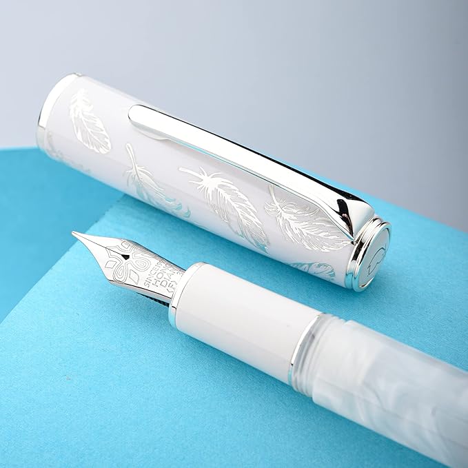 Hongdian N8 White Acrylic Resin Fountain Pen, Iridium Fine Nib Silver Plated Feather Carving Cap Smooth Writing Pen with Converter and Metal Pen Box Set-DeskLoop Office