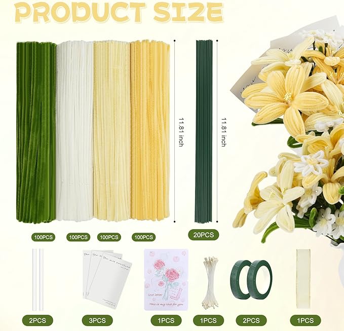 400 Pcs Pipe Cleaners Craft Set,4 Colors Chenille Stems Bulk with Floral Wires, Gardening Tape,Hot Glue Stick,Greeting Card,Bouquet Paper, Stamen & Ribbon, Flowers Craft kit for DIY Handmade Bouquet-DeskLoop Office