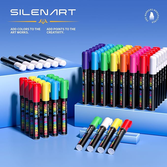 SILENART Blue Chalk Markers 2 Pack - Blue Dry Erase Markers Pen - Liquid Chalk Markers for Chalkboard, Window, Glass, Mirror, Blackboard - 3-6mm Reversible Tip-DeskLoop Office