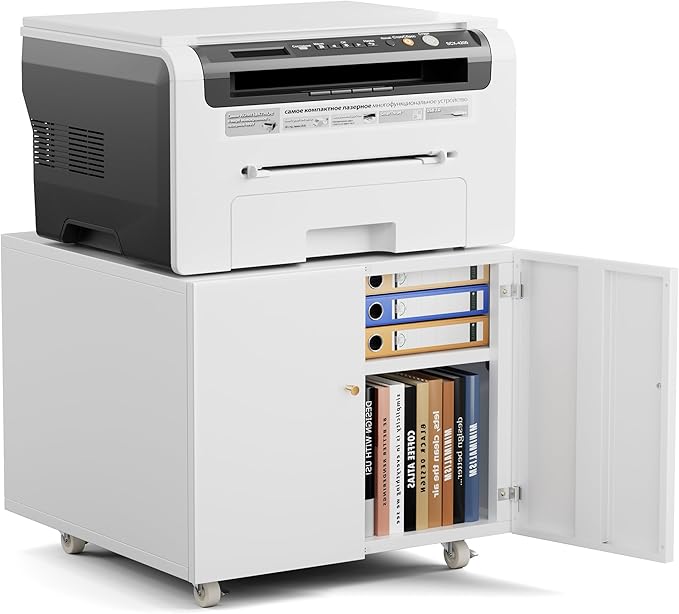 Warmiehomy Metal Printer Stand with Storage Mobile Printer Tables for Small Spaces with Door Adjustable Shelf White File Cabinet on Wheels for Home Office-DeskLoop Office